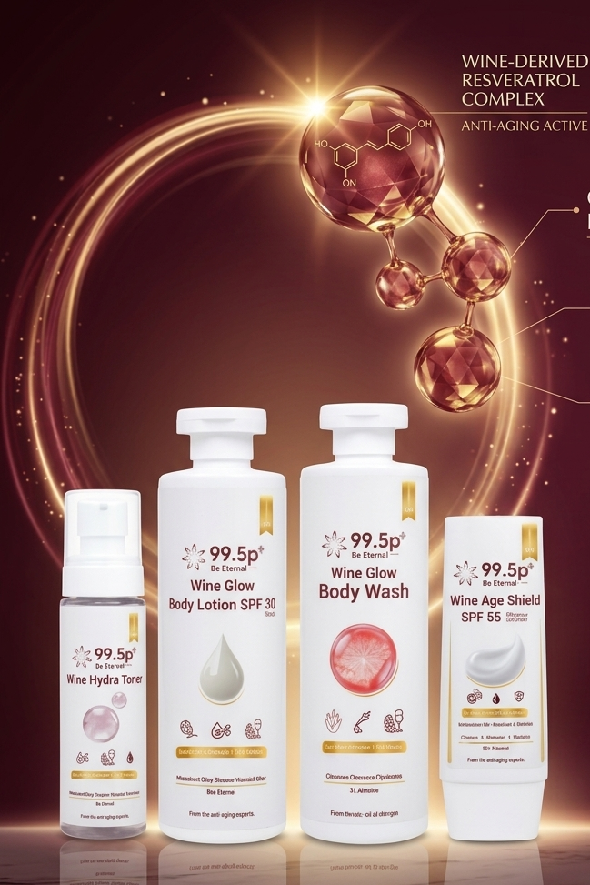 Four white Vinum Vita skincare bottles arranged on a reflective dark brown surface with promotional text and gold molecular graphics in the background. The products include a serum, body lotion, body wash, and age defense cream.
