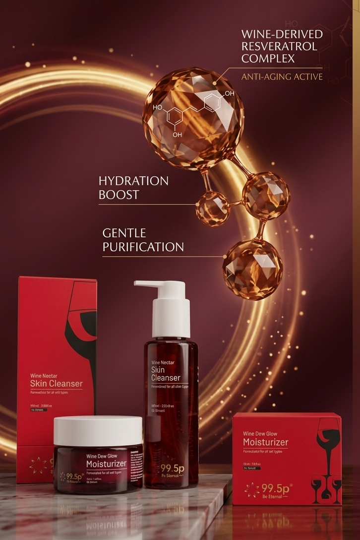 Venum Vita skincare set featuring a skin cleanser jar, a serum bottle, and two red moisturizer boxes on a marble surface, with graphic text callouts and a gold molecular illustration on a dark burgundy background.
